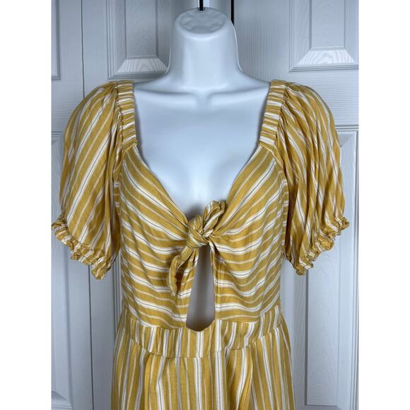 Forever 21 Medium Yellow Cream Stripe Tie Front Ruffle Sleeve Wide Leg Jumpsuit - Picture 4 of 9
